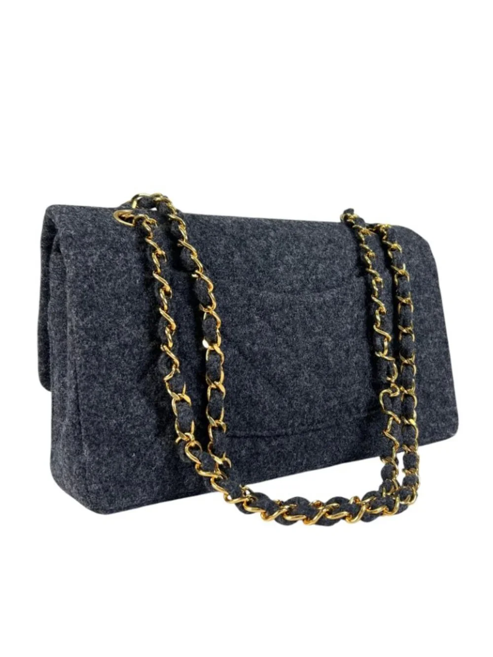 Chanel Quilted Shoulder Bag Wool Gray Double Flap Chain CC Logo